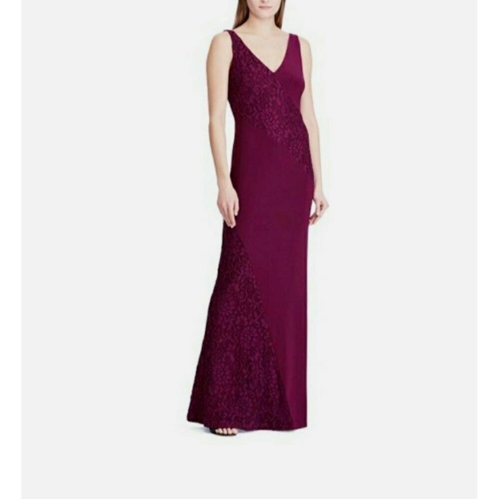 Lauren Ralph Lauren Payella Purple Floral Lace Stretch Gown Dress Size 10